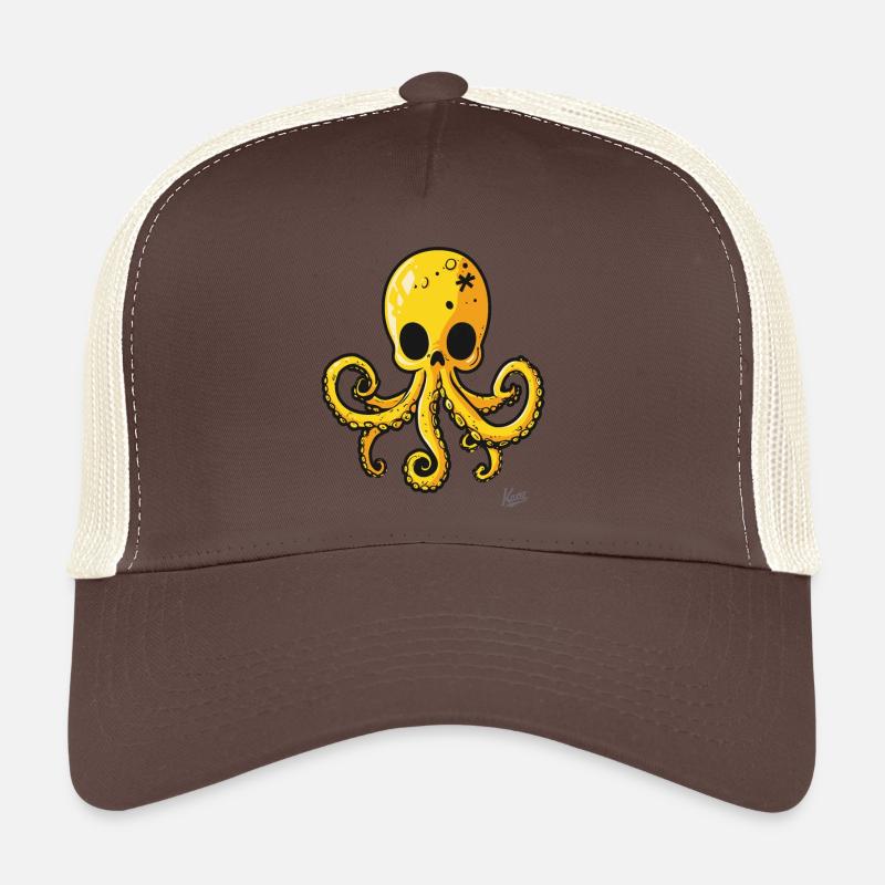 Yellow Skull Octopus Cartoon - Trucker Cap - brown/beige