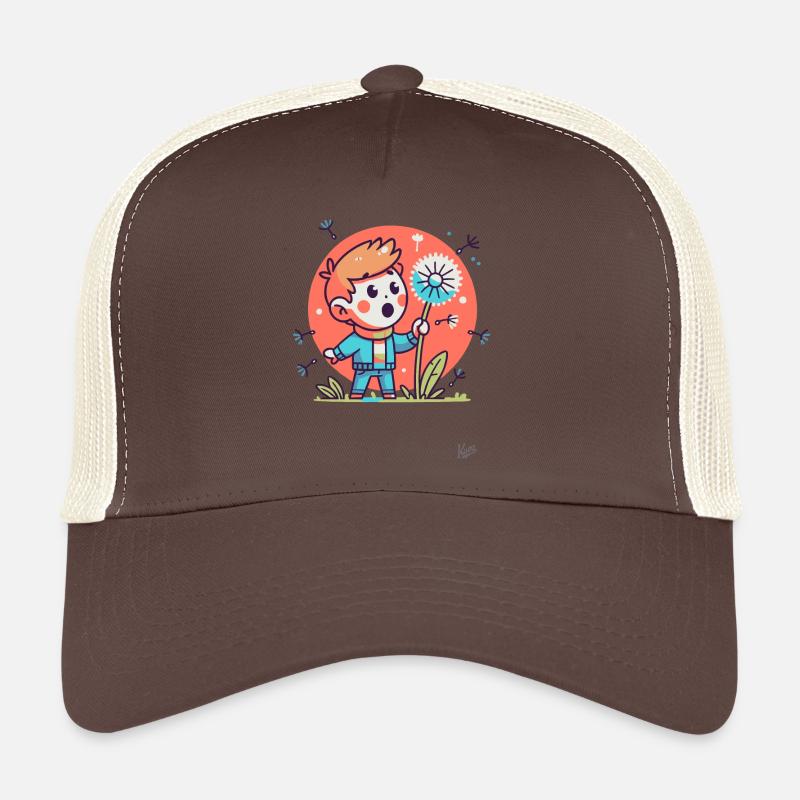 Boy, amazed at a dandelion Trucker Cap