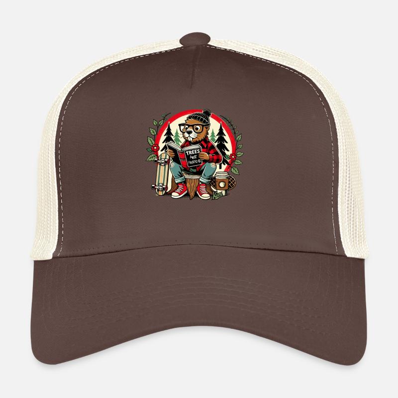 Skateboard-Biber liest Buch: "Bäume sind Freunde" - Trucker Cap - Braun/Beige