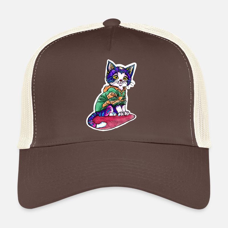 Chat en pull vert Casquette trucker 
