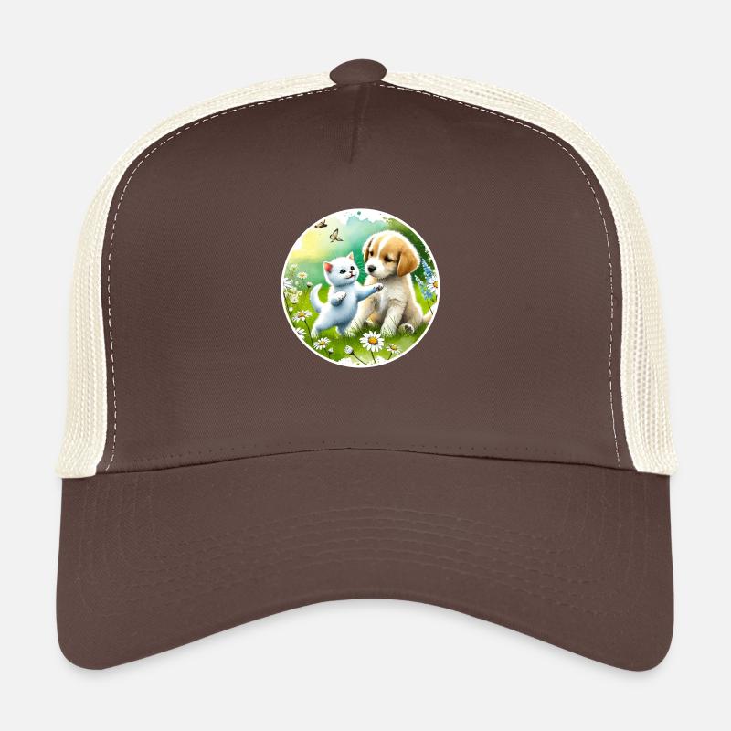 Chien et chat jouant dans la prairie fleurie Casquette trucker 