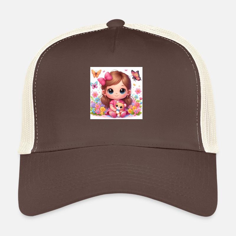 Kleines Mädchen mit ihrer Tigger-Puppe Trucker Cap