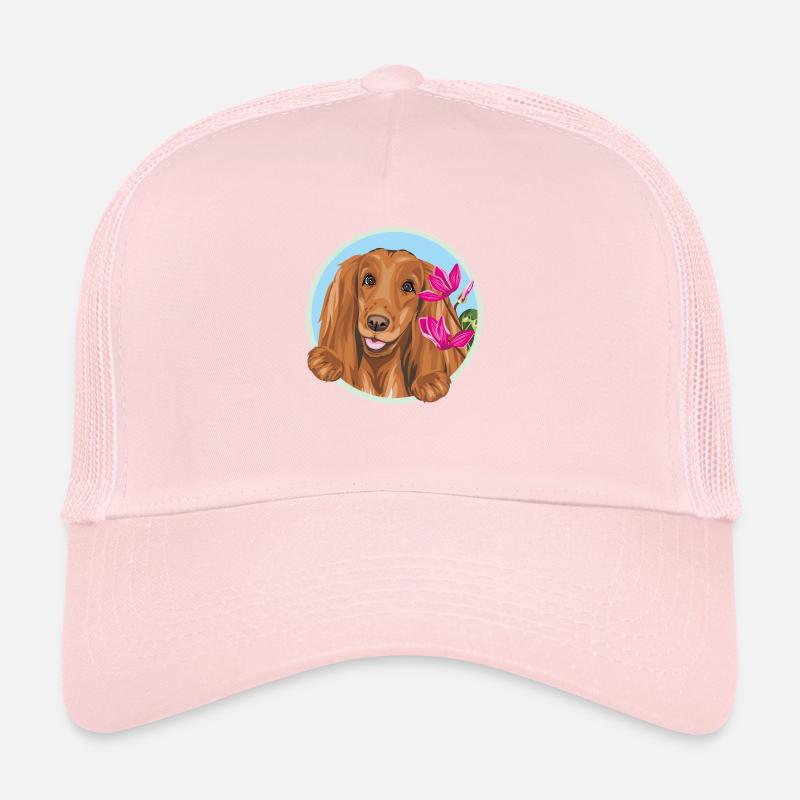 Chien Cocker Spaniel heureux aux fleurs roses Casquette trucker 