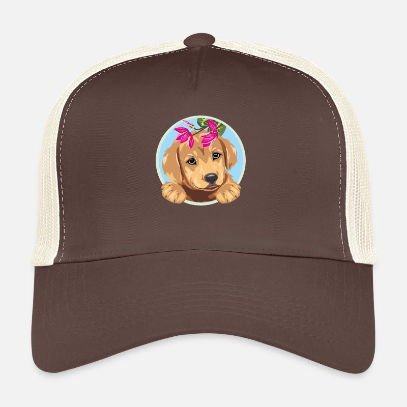 Jeter un coup d’œil curieux chien Golden Retriever avec des fleurs Casquette trucker 
