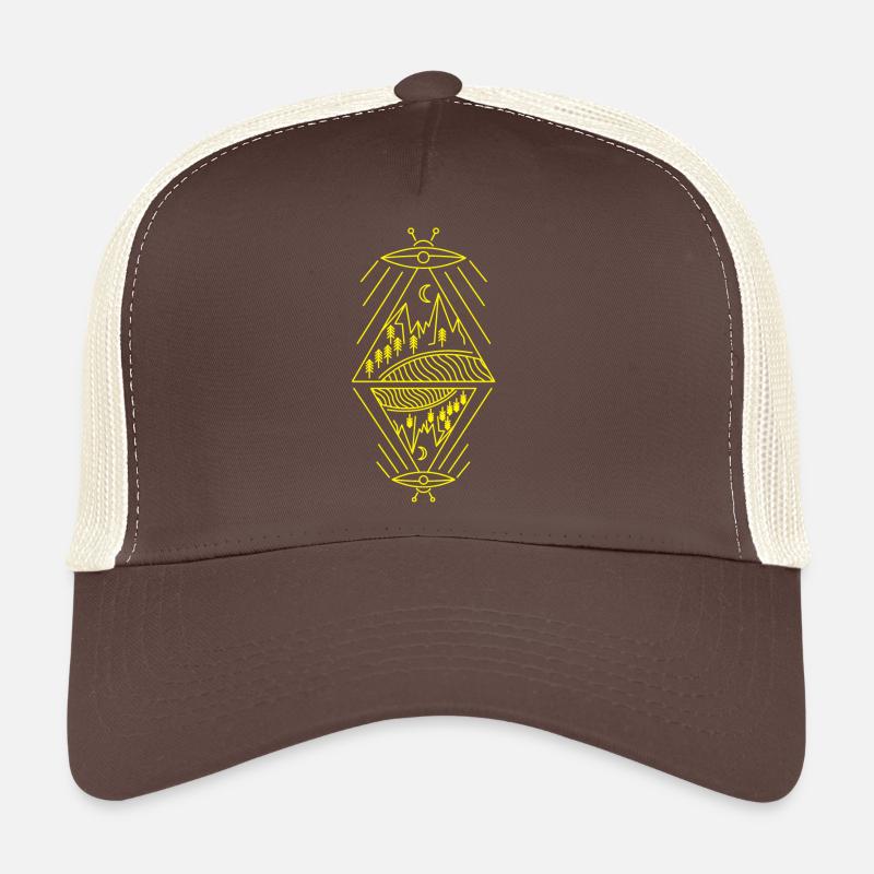 Ufo sighting paranormal mountains sun trees Trucker Cap