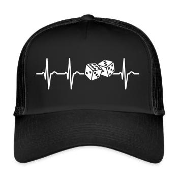 Herzschlag Würfel EKG Würfeln Spielwürfel - Trucker Cap - Schwarz/Schwarz - Vorne