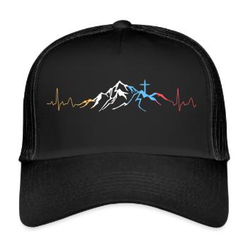 Berge Herzschlag Kreuz Christlich - Trucker Cap - Schwarz/Schwarz - Vorne