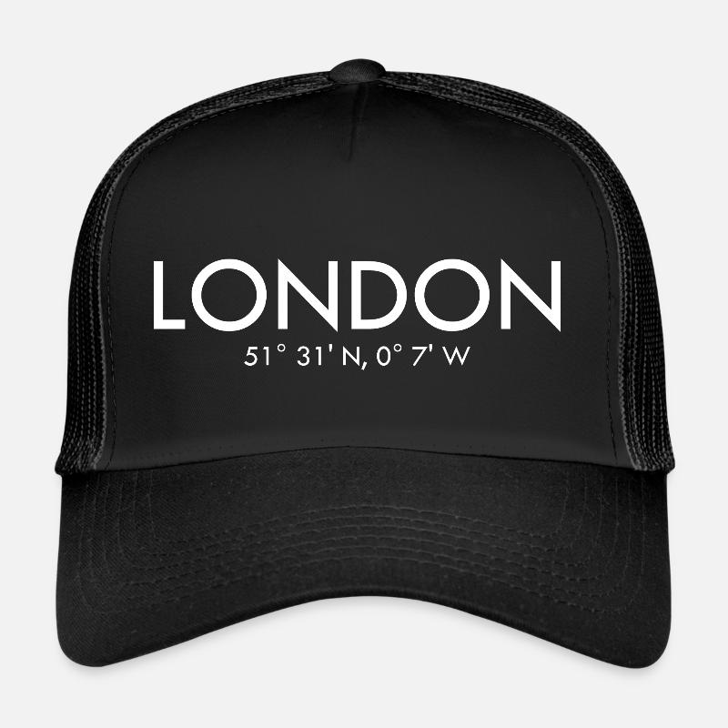 London - Coordinates - Latitude - Longitude - GB - Trucker Cap - Schwarz/Schwarz