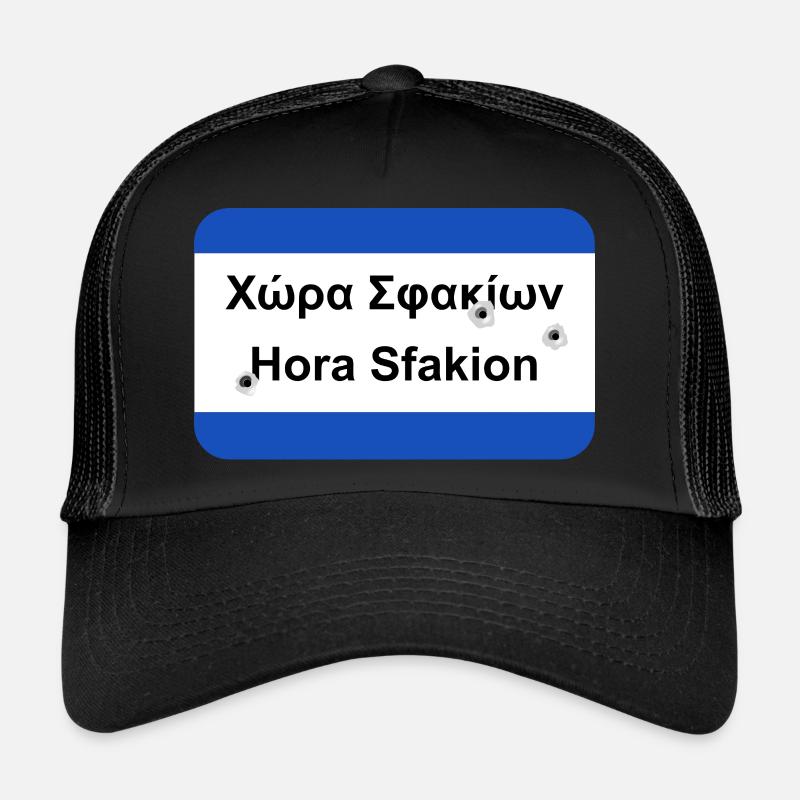 Zerschossenes Ortsschild Chora Sfakion Geschenk - Trucker Cap - Schwarz/Schwarz