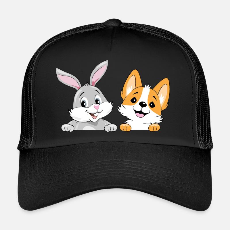 Lapin souriant et chien corgi - Casquette trucker  - noir/noir