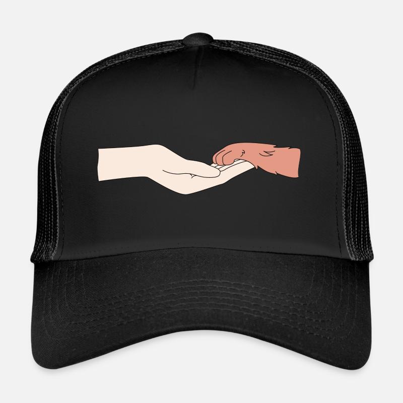 Eine menschliche Hand und eine Hunde Pfote Trucker Cap