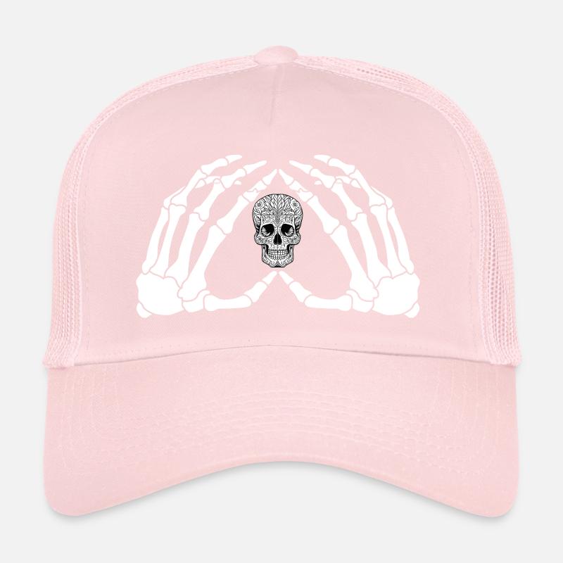 The hands of a skeleton with the skull Trucker Cap