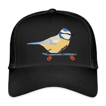 Blaumeise auf Skateboard - Trucker Cap - Schwarz/Schwarz - Vorne