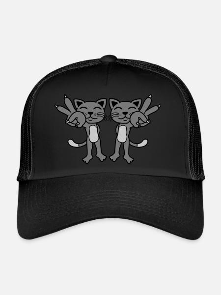 2 Chats Signe de paix - Casquette trucker  - noir/noir - Devant