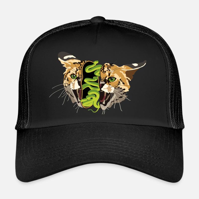 surrealer Wildkatzenkopf gefüllt mit Schlangen - Trucker Cap - Schwarz/Schwarz