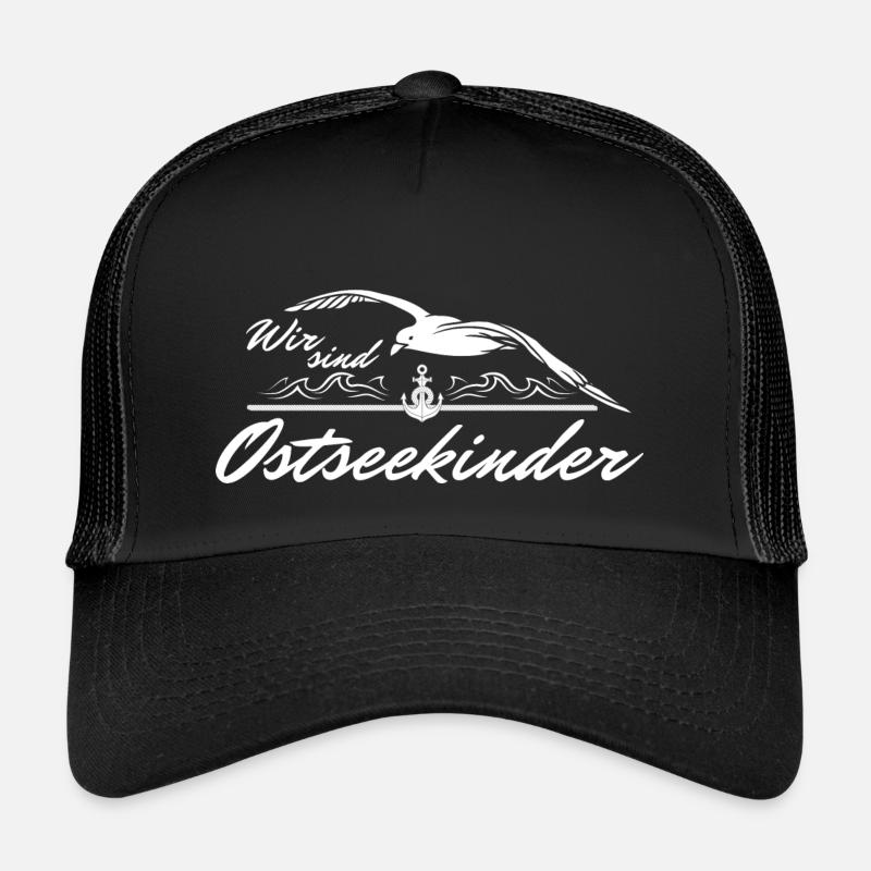 Ostseekinder- Spruch mit Anker und Möwe - Trucker Cap - Schwarz/Schwarz