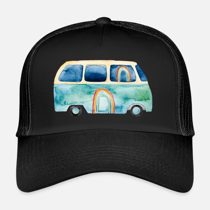 Regenbogen Retro Vintage Van Bus - Trucker Cap - Schwarz/Schwarz