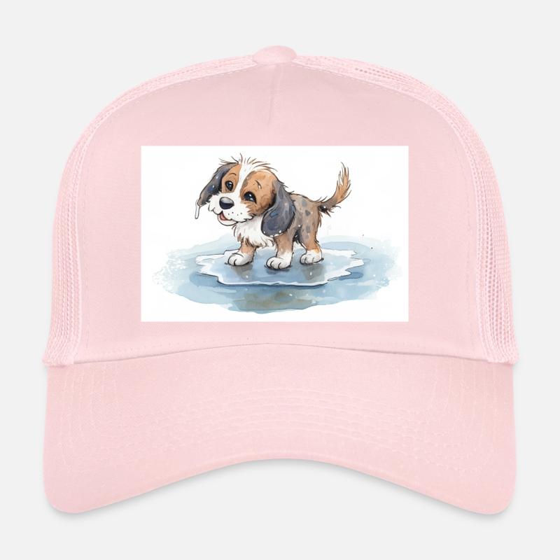 Glücklicher Hund spielt in einer Regenpfütze Trucker Cap