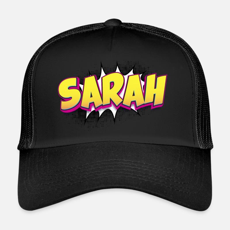 Sarah Benutzerdefinierter Name Comic-Buch-Stil Pop-Art, Sarah - Trucker Cap - Schwarz/Schwarz