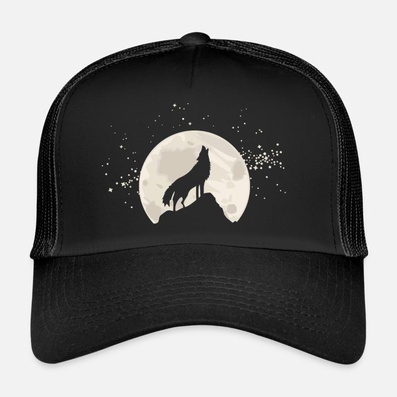 Heulender Wolf vor Mond mit Sternen - Trucker Cap - Schwarz/Schwarz