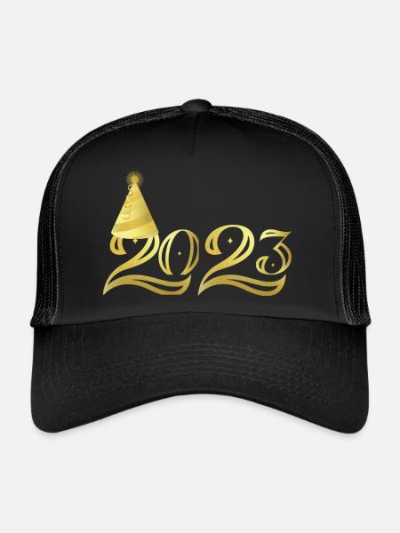 gold hat new year party 2023 matching gift - Trucker Cap - black/black - Front