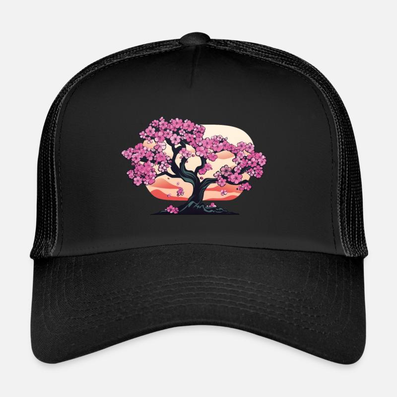 Cherry Blossom Tree Sunset - Chemise Anime - Casquette trucker - noir/noir