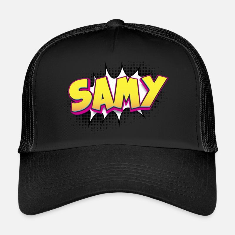 Samy Benutzerdefinierter Name Comic-Buch-Stil Pop-Art, Samy - Trucker Cap - Schwarz/Schwarz