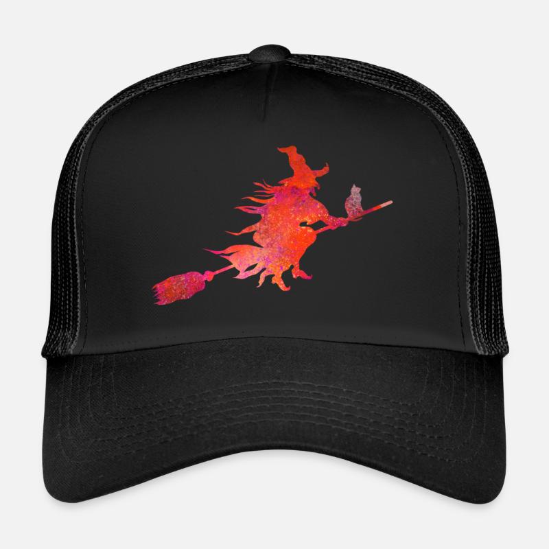 Hexe auf Besen mit Katze - Trucker Cap - Schwarz/Schwarz