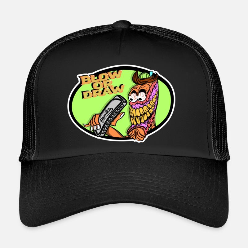 Blow or draw harmonica style Rat Fink harmonica player Trucker Cap