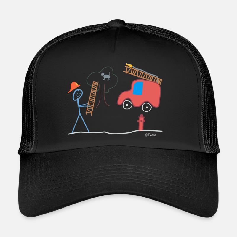 Firefighter stick figure, cat volunteer to help Trucker Cap