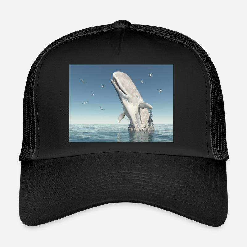 Auftauchender Pottwal und Seemöwen - Trucker Cap - Schwarz/Schwarz