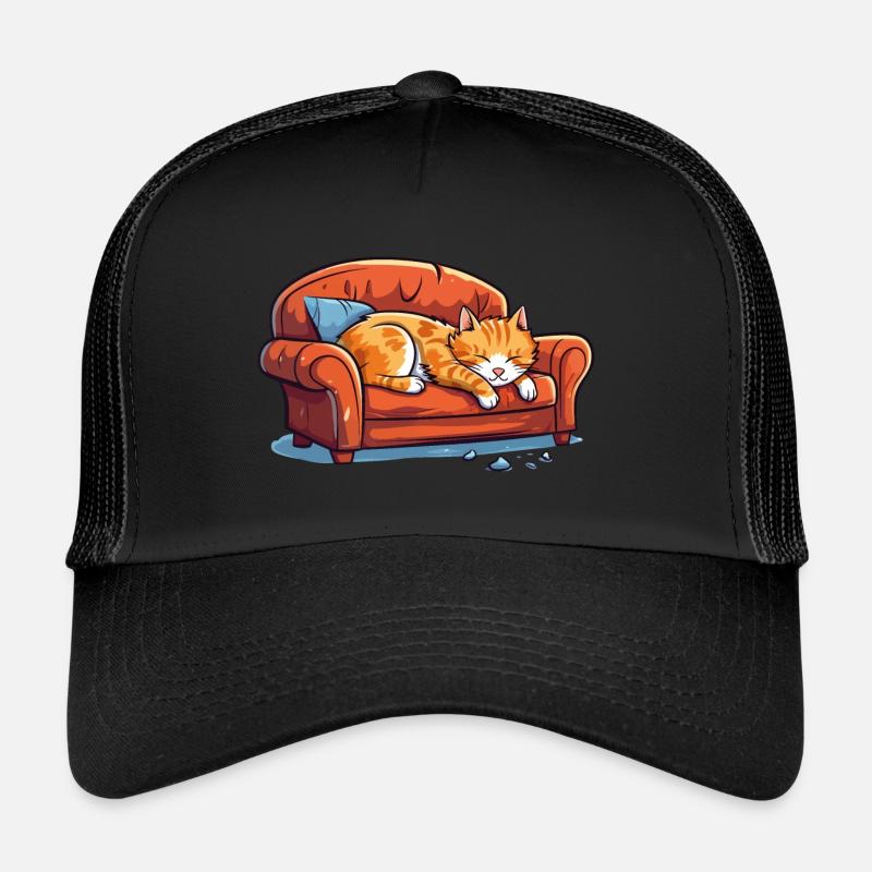 Cat Oversleeping Tired Couch Sofa Funny Cartoon Trucker Cap