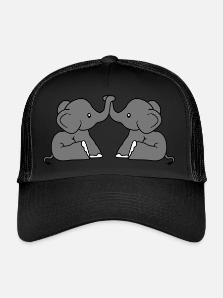 Cute 2 Elephant Friends Team Two Trunk Couple - Trucker Cap - black/black - Front