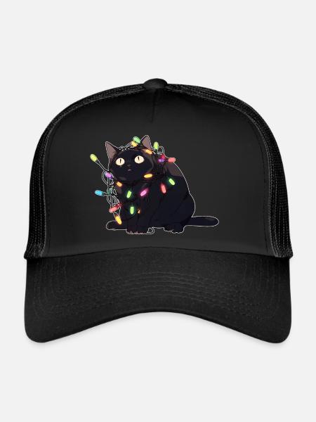 Weihnachts-Katze in der Lichterkette - Trucker Cap - Schwarz/Schwarz