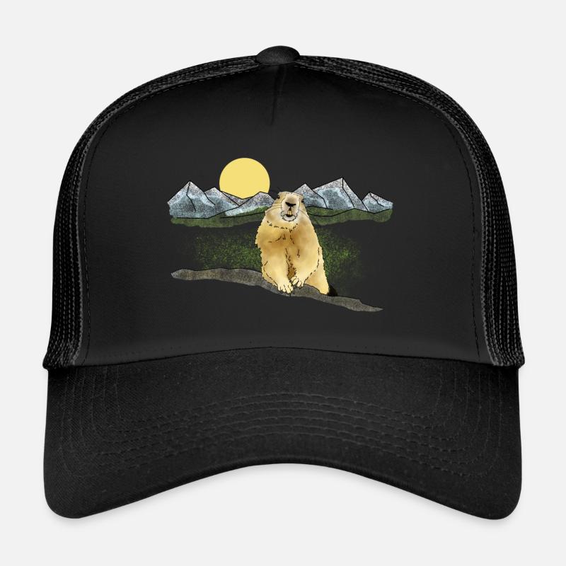Murmeltier, Berge, Sonne - Trucker Cap - Schwarz/Schwarz
