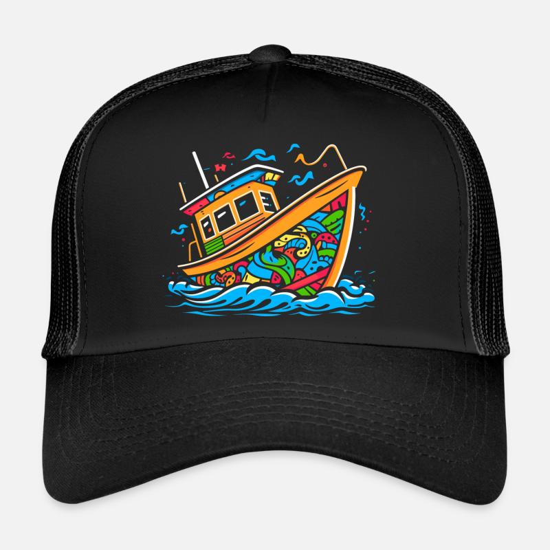 Pop Art Doodle Boat - Vibrant Caricature Trucker Cap