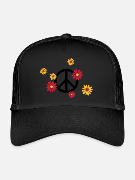 Signe de paix Fleur Amour flower power Saint-Valentin - Casquette trucker  - noir/noir - Devant