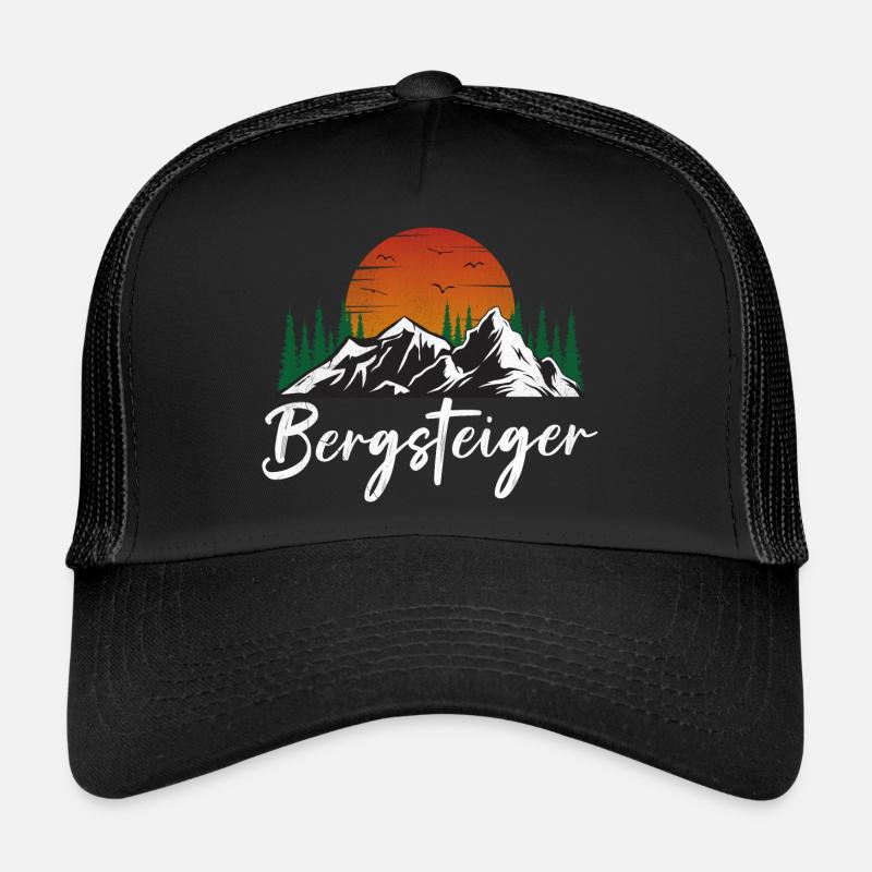 Bergsteiger Design Berg mit Sonne und Wald - Trucker Cap - Schwarz/Schwarz