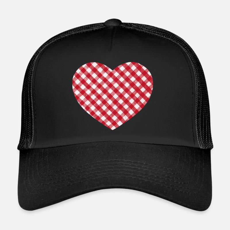 Vichy-Herz rot-weißes Karo-Herz - Trucker Cap - Schwarz/Schwarz