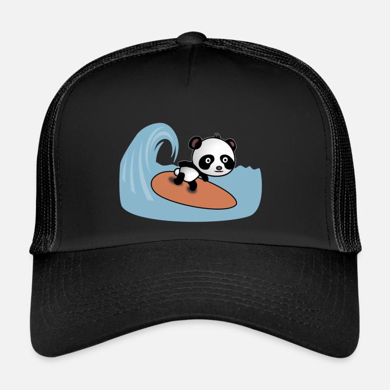 Panda Surfer Rides the Wave - Comic Style Motif - Trucker Cap - black/black