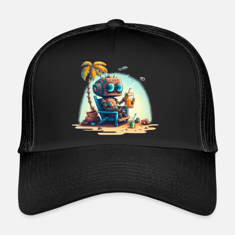 Roboter auf einem Liegestuhl unter einer Palme - Trucker Cap - Schwarz/Schwarz