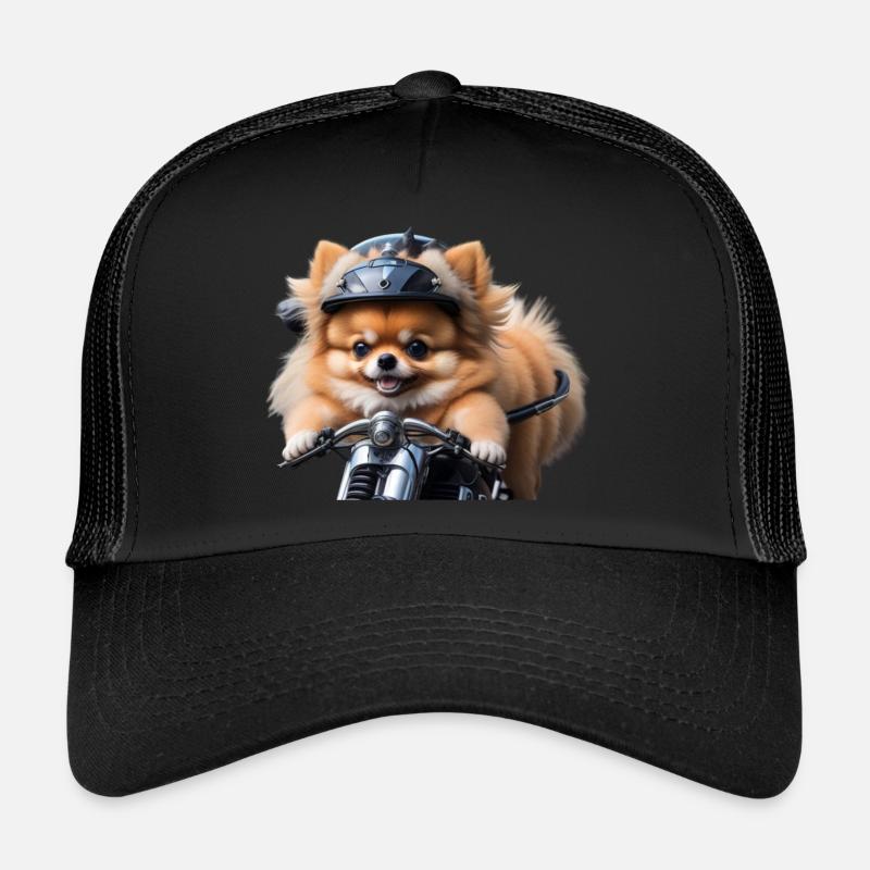Pomeranian Zwergspitz auf Motorrad - einfach - Trucker Cap - Schwarz/Schwarz