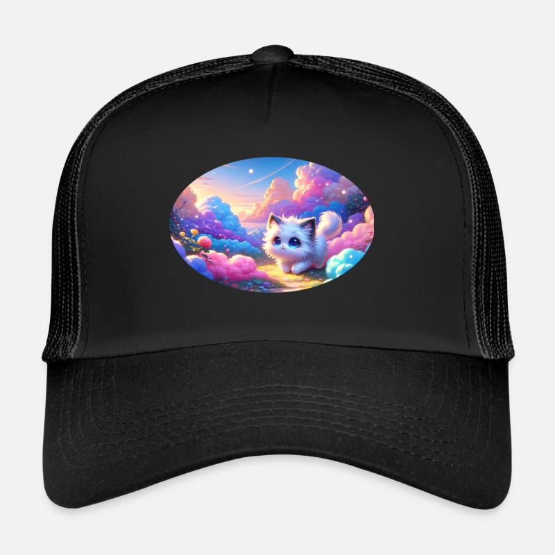Eine süße Anime Katze in einem bunten Wolkengarten - Trucker Cap - Schwarz/Schwarz