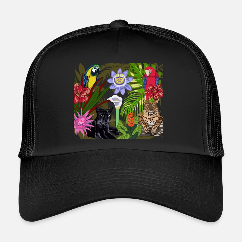 Dschungelbild mit zwei Aras und Raubkatzen - Trucker Cap - Schwarz/Schwarz