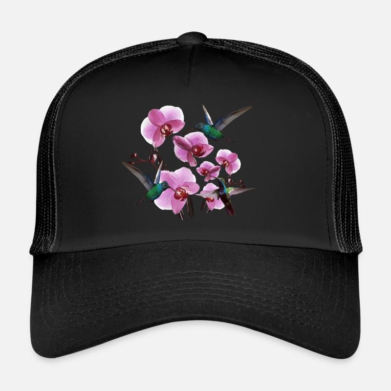 Kolibris mit Orchideen pink grün - Trucker Cap - Schwarz/Schwarz