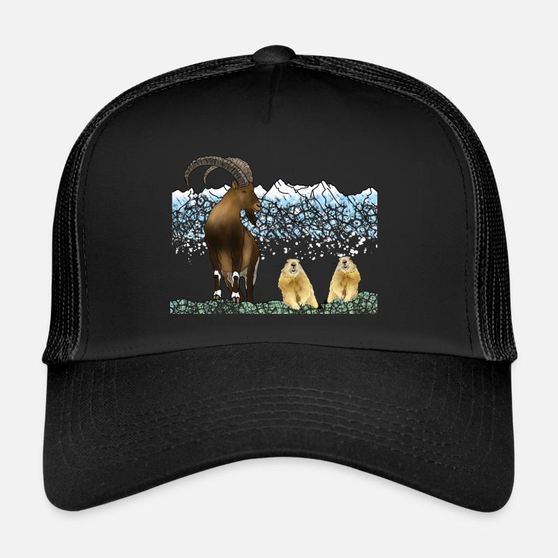 Steinbock, Murmeltiere, Berge - Trucker Cap - Schwarz/Schwarz