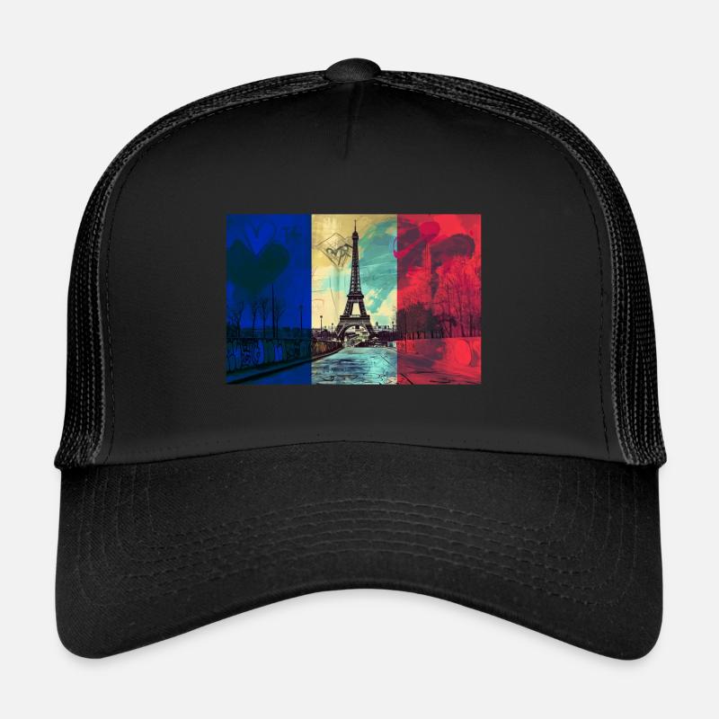 Paris Skyline Eiffelturm Frankreich Flagge Fahne - Trucker Cap - Schwarz/Schwarz