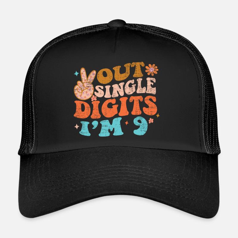Groovy Peace Out Single Digits I'm 9 Birthday Trucker Cap