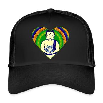 Buddha mit Katze in bunter Herzform - Trucker Cap - Schwarz/Schwarz - Vorne