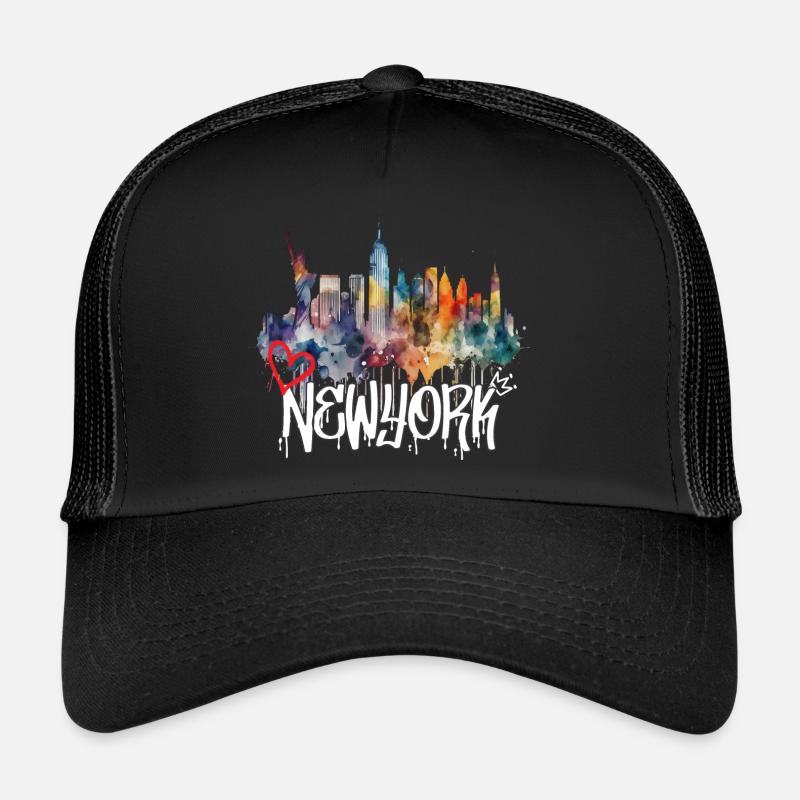 New York Skyline Graffiti Schriftzug - Trucker Cap - Schwarz/Schwarz